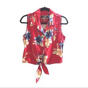 NEW La Cabana Floral Red Sleeveless Knot Tie Top S